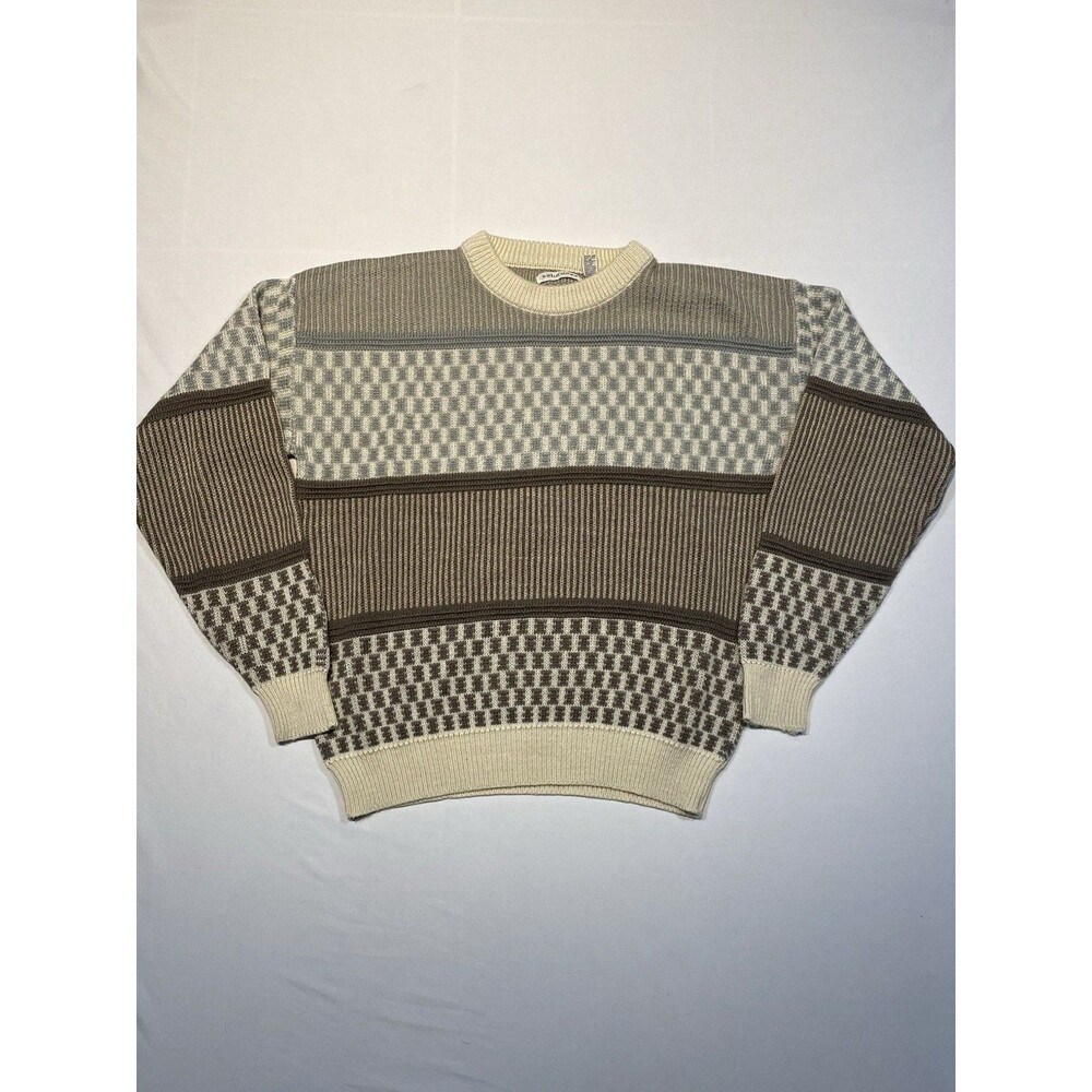 Vintage Saturdays Tan and Brown Acyrlic Sweater Geometric Abstract Large